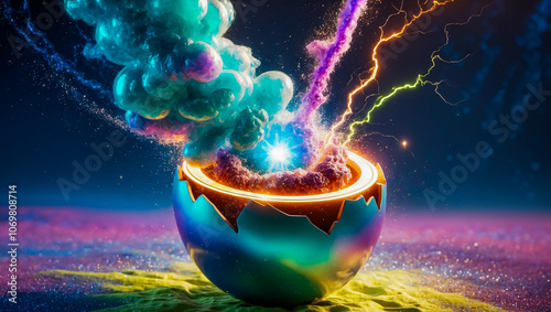 Colorful egg with lightning, symbolizing creation of universe from broken egg photo