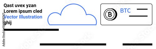 Bitcoin wallet symbol alongside BTC text, large blue cloud outline, and black text placeholders. Ideal for finance, cloud storage, cryptocurrency, tech, digital solutions, marketing, landing page