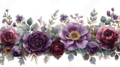 Wallpaper Mural Partial watercolor floral border frame with purple roses, lilac peonies, and eucalyptus greenery, light and natural arrangement along top and bottom edges Torontodigital.ca