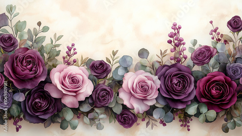 Wallpaper Mural Partial watercolor floral border frame with purple roses, lilac peonies, and eucalyptus greenery, light and natural arrangement along top and bottom edges Torontodigital.ca