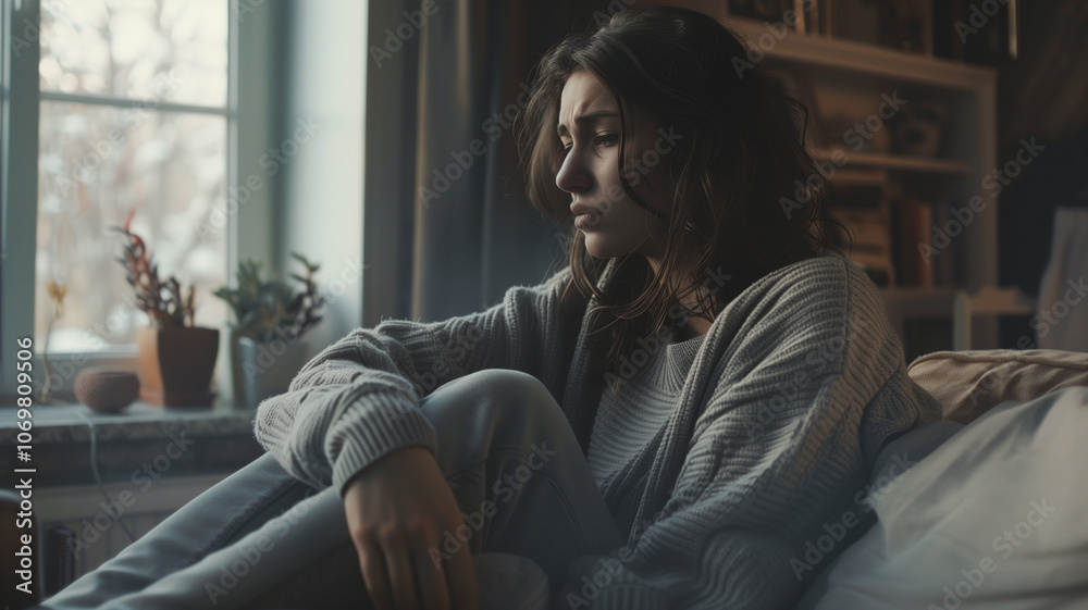 Obraz premium Depressed and sad woman sitting on a couch in the home.