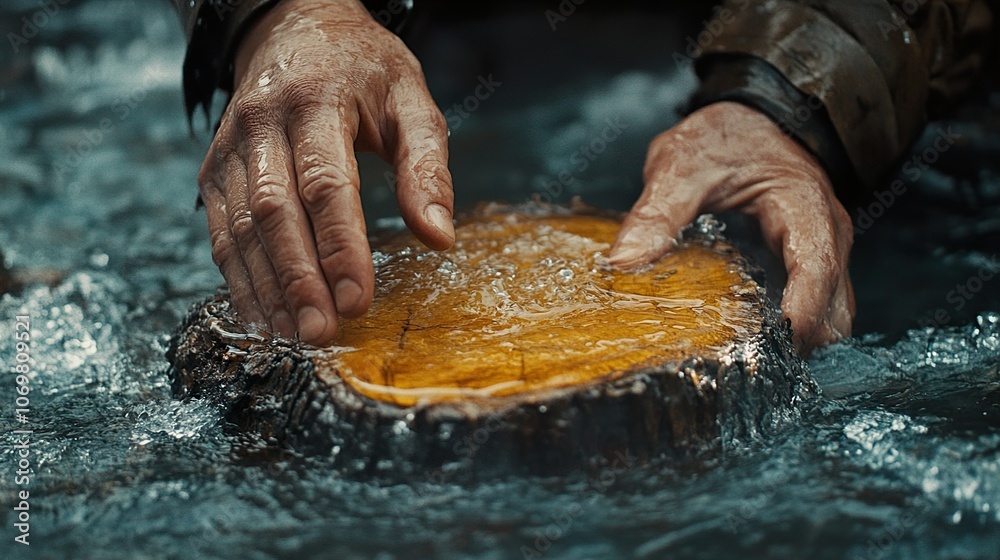 Close Up of Hands Holding a Wooden Log in Flowing Water - Nature Photography
