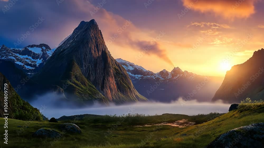 mountainous landscape with fog cloud drifting on river below 