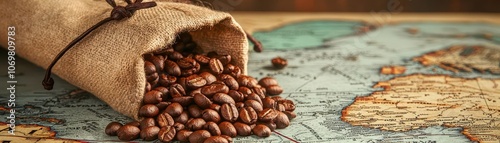 Coffee beans spilling onto a map, symbolizing the worldwide reach of coffee culture