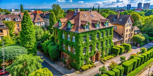 Aerial View of an Ivy-Covered Brick House in Frankfurt's Sachsenhausen District, Showcasing Urban Greenery and Historic Architecture from Above photo