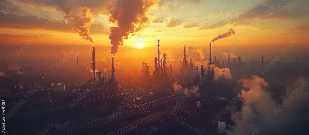 Fototapeta premium Industrial Landscape at Sunset with Smokestacks Emitting Smoke Against a Vibrant Sky