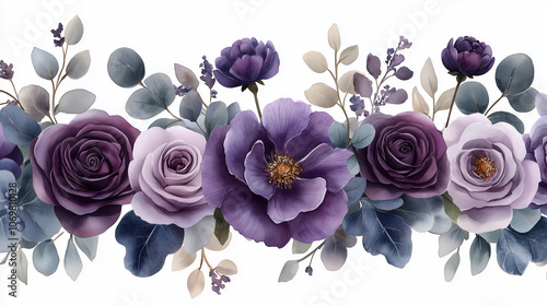 Wallpaper Mural Soft watercolor floral border frame, lilac flowers, purple roses, and eucalyptus leaves, delicate and airy, transparent background Torontodigital.ca