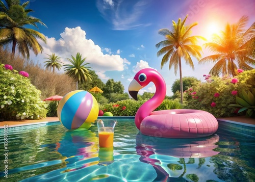 Vibrant Flamingo Inflatable Pool Float Amidst Sunlit Waves, Perfect for Summer Fun and Relaxation, Ideal for Pool Parties, Tropical Vibes, and Colorful Outdoor Enjoyment photo