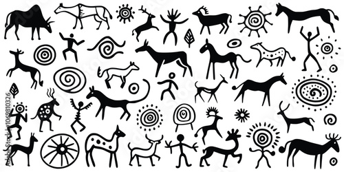 Seamless petroglyph pattern, rock paintings, isolated on white background, vector design	
