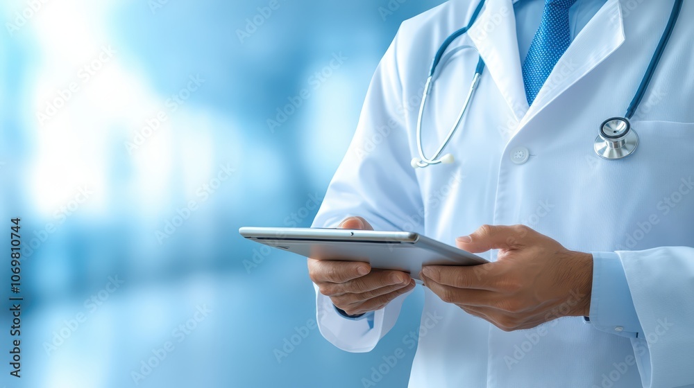 Medical professional utilizes digital tablet for efficient and precise patient information review in modern healthcare Medical professional utilizes digital tablet for efficient and precise patient information review in modern healthcare