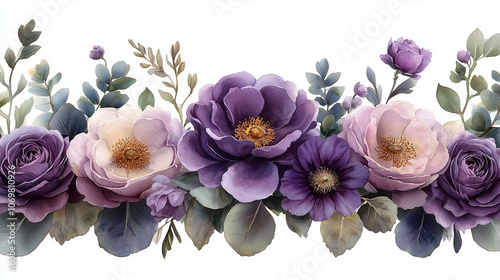 Wallpaper Mural Watercolor floral border frame, elegant spread of violet roses, lilac peonies, and eucalyptus greenery, soft and natural watercolor effect, transparent background Torontodigital.ca