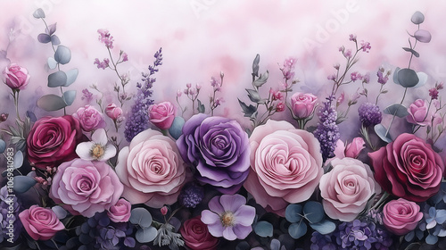 Wallpaper Mural Watercolor floral border frame, elegant spread of violet roses, lilac peonies, and eucalyptus greenery, soft and natural watercolor effect, transparent background Torontodigital.ca