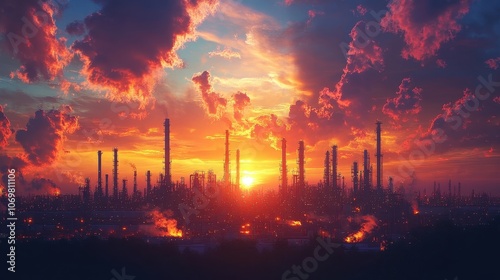 Stunning Industrial Skyline at Sunset with Vibrant Clouds and Smokestacks Silhouetted Against a Fiery Sky