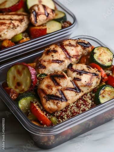 Carefully Curated Meal Prep Containers with Grilled Chicken Quinoa and Roasted Vegetables for a Nutritious and Balanced Lunch