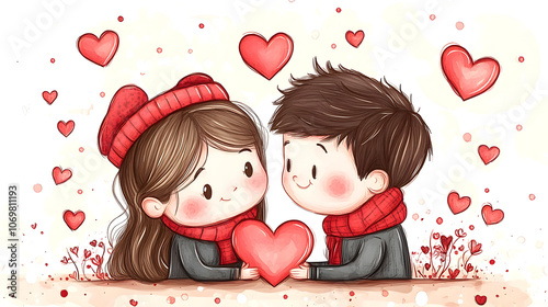 Watercolor painting style illustration of cute happy couple valentines cartoon.
