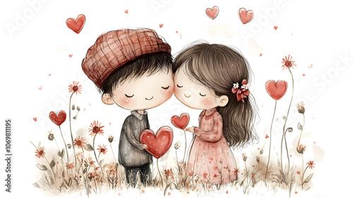 Watercolor painting style illustration of cute happy couple valentines cartoon.