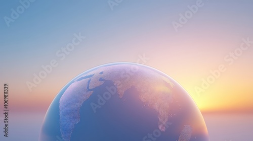 Global Protection: A serene sunrise illuminates a translucent sphere gently encasing the Earth, symbolizing environmental conservation and a hopeful future. 