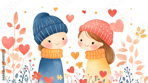 Watercolor painting style illustration of cute happy couple valentines cartoon.