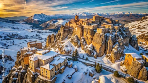 Aerial View of Rocche del Crasto in Winter, Showcasing Dramatic Mountainous Landscapes and Nesting Golden Eagles Amidst the Villages of Longi and Alcara in Nebrodi, Sicily photo