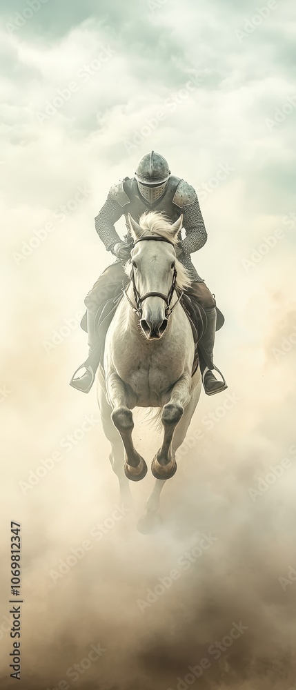 Obraz premium Knight on a White Steed: A solitary knight, clad in armor, rides a majestic white steed through a swirling mist, evoking a sense of power, courage, and determination.
