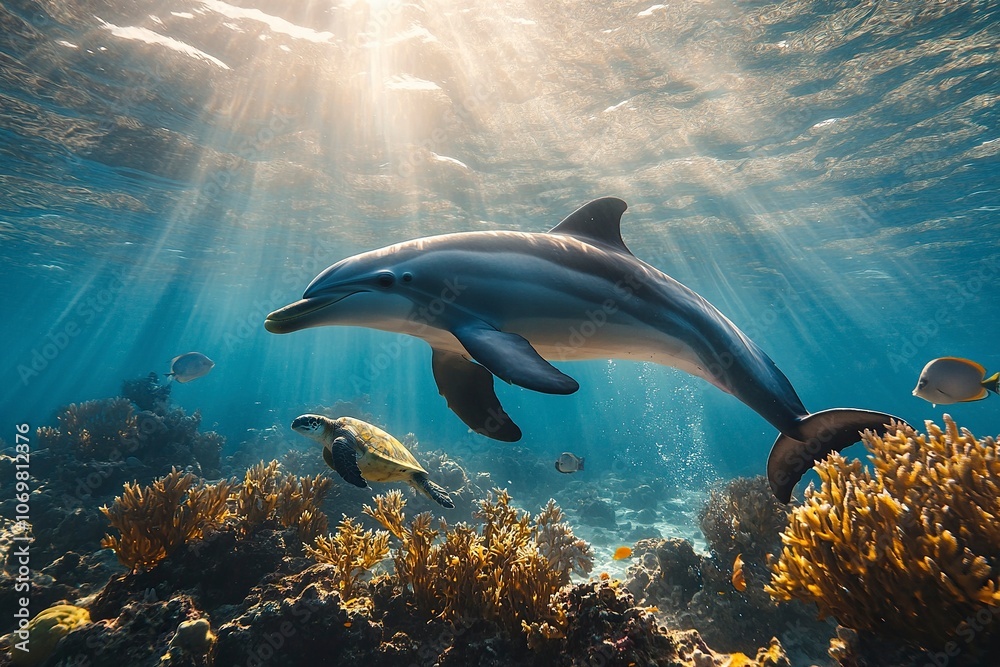 Fototapeta premium a bottlenosed dolphin a its calf under the surface of the ocean with sun rays shining through with other tropical fish, bright corals and a sea turtle.generative ai