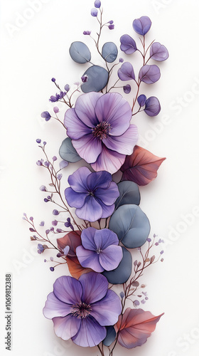 Wallpaper Mural Loose watercolor floral border frame, organic arrangement of purple and lilac flowers, eucalyptus leaves, light and airy, soft transparent background Torontodigital.ca