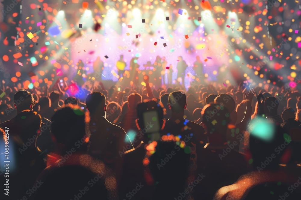 Fototapeta premium Club party. Silhouettes of concert crowd in front of bright stage lights and confetti.