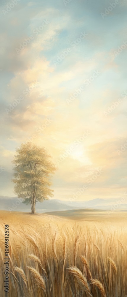 Serene Sunset Wheat Field: A solitary tree stands sentinel in a vast, golden wheat field as the sun sets, casting a warm, peaceful glow across the landscape. Serene Sunset Wheat Field: A solitary tree stands sentinel in a vast, golden wheat field as the sun sets, casting a warm, peaceful glow across the landscape.