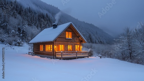 Cozy wooden cabin in snowy mountain landscape at dusk photo