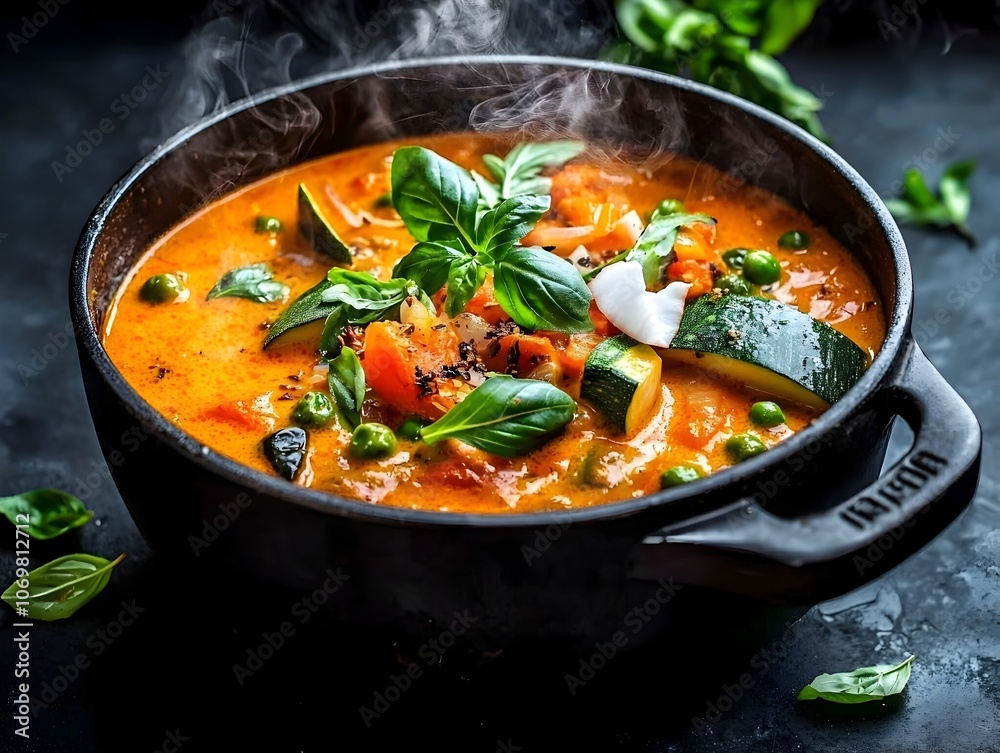 A steaming vegan curry pot filled with creamy coconut milk aromatic spices and a variety of fresh vegetables captured in a close up shot with rich and saturated tones A steaming vegan curry pot filled with creamy coconut milk aromatic spices and a variety of fresh vegetables captured in a close up shot with rich and saturated tones