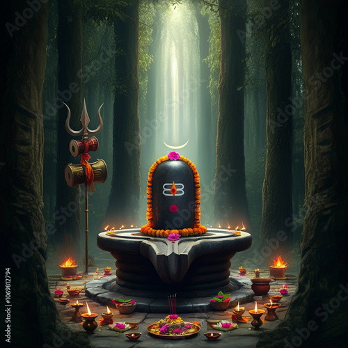 A serene Shiva Lingam adorn...