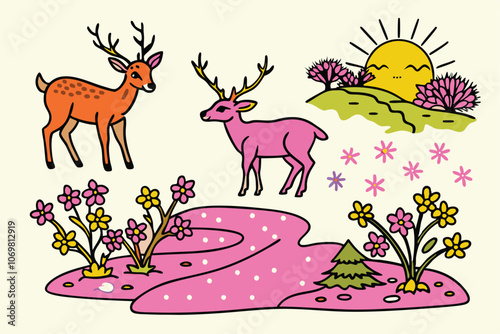 flat illustration collage of forest landscape with deer
