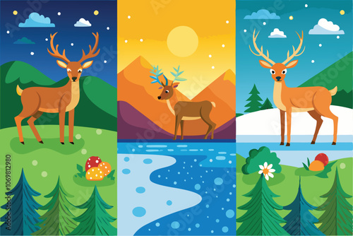 flat illustration collage of forest landscape with deer