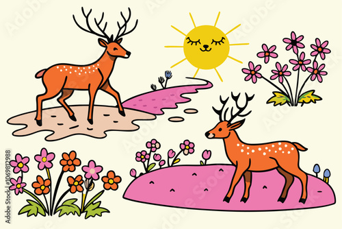 flat illustration collage of forest landscape with deer