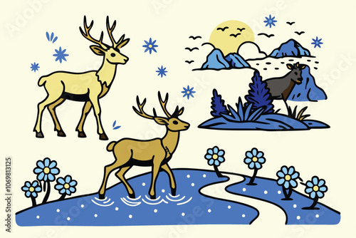 flat illustration collage of forest landscape with deer