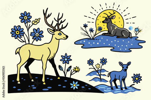 flat illustration collage of forest landscape with deer