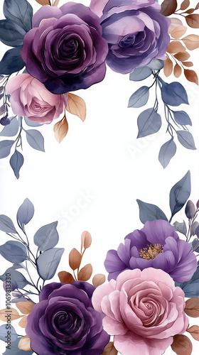 Wallpaper Mural Symmetrical watercolor floral border frame, centered arrangement of violet roses and lilac peonies, eucalyptus foliage accents, transparent background, refined and balanced Torontodigital.ca