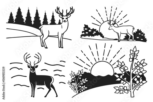 flat illustration of black and white forest landscape with deer