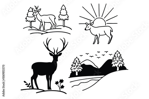 flat illustration of black and white forest landscape with deer