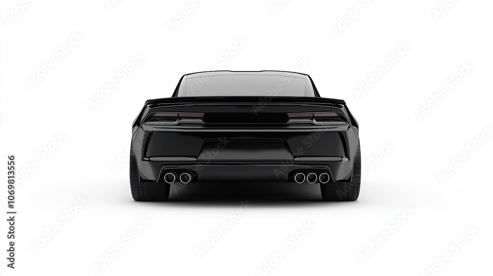 Sleek Black Sports Car with Dual Exhausts Against White Background Sleek Black Sports Car with Dual Exhausts Against White Background