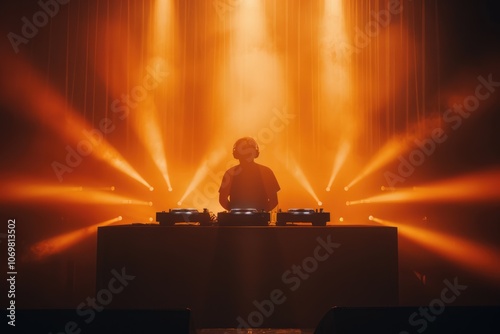 DJ set on a stage  silhouette in a warm backlight with two turntables