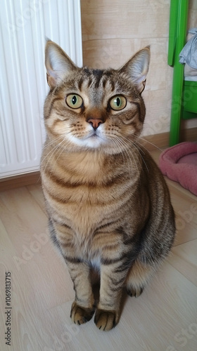 Wallpaper Mural 밝은 실내에서 카메라를 응시하는 호기심 많은 고양이, 생동감 넘치는 표정, AI 생성
 Torontodigital.ca