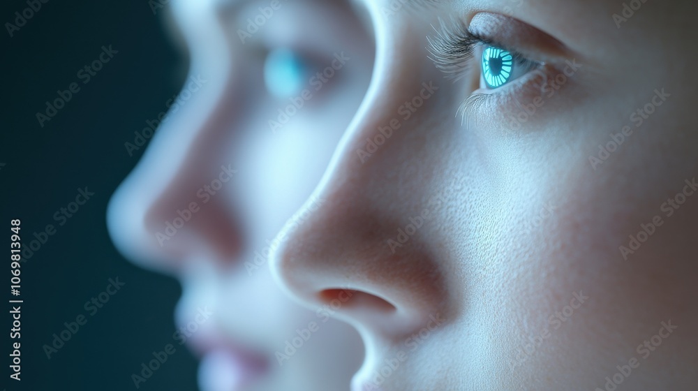 Twin Souls: A captivating close-up profile shot of two individuals, their eyes reflecting an ethereal glow, creating a sense of mystery and connection. Twin Souls: A captivating close-up profile shot of two individuals, their eyes reflecting an ethereal glow, creating a sense of mystery and connection.
