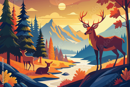 flat illustration collage of forest landscape with deer