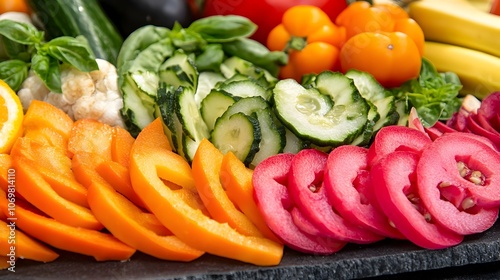 Colorful and Appetizing Assortment of Freshly Sliced Seasonal Fruits and Vegetables Arranged in an and Visually Appealing Composition with Natural Lighting Highlighting the Textural Details and