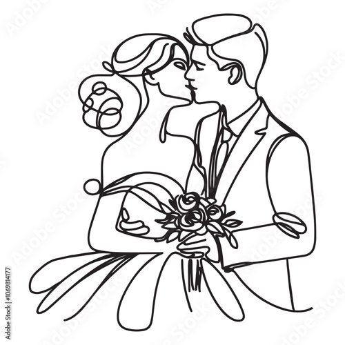 One continuous single drawing black line art doodle wedding couple bride and groom outlne vector illustration on white background