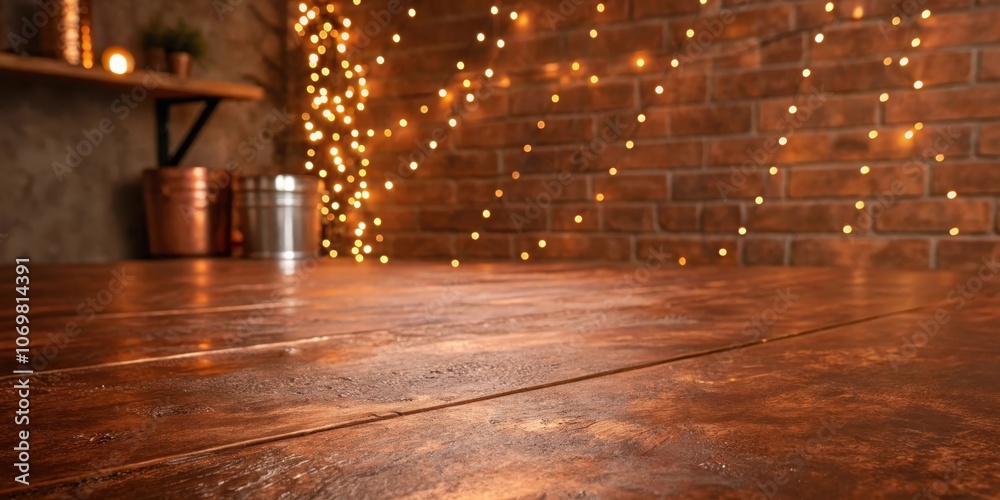 Obraz premium Closeup of a Rustic Wooden Surface with a Warm Bokeh Backdrop of Brick Wall and Festive Lights