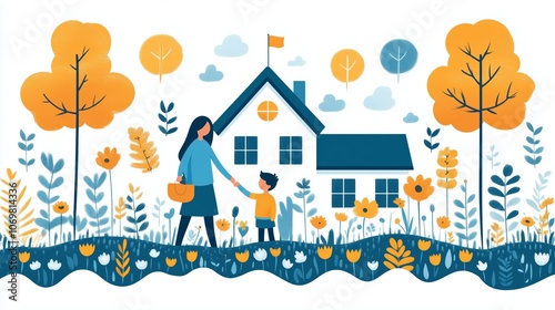  Illustrative scene of mother and child walking near home in autumn