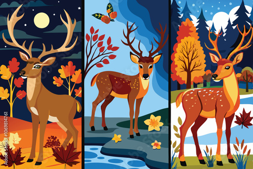 flat illustration collage of forest landscape with deer