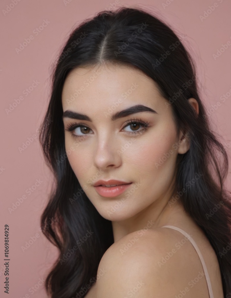 Fototapeta premium Elegant portraits of a woman with various poses, natural makeup, and soft background.
